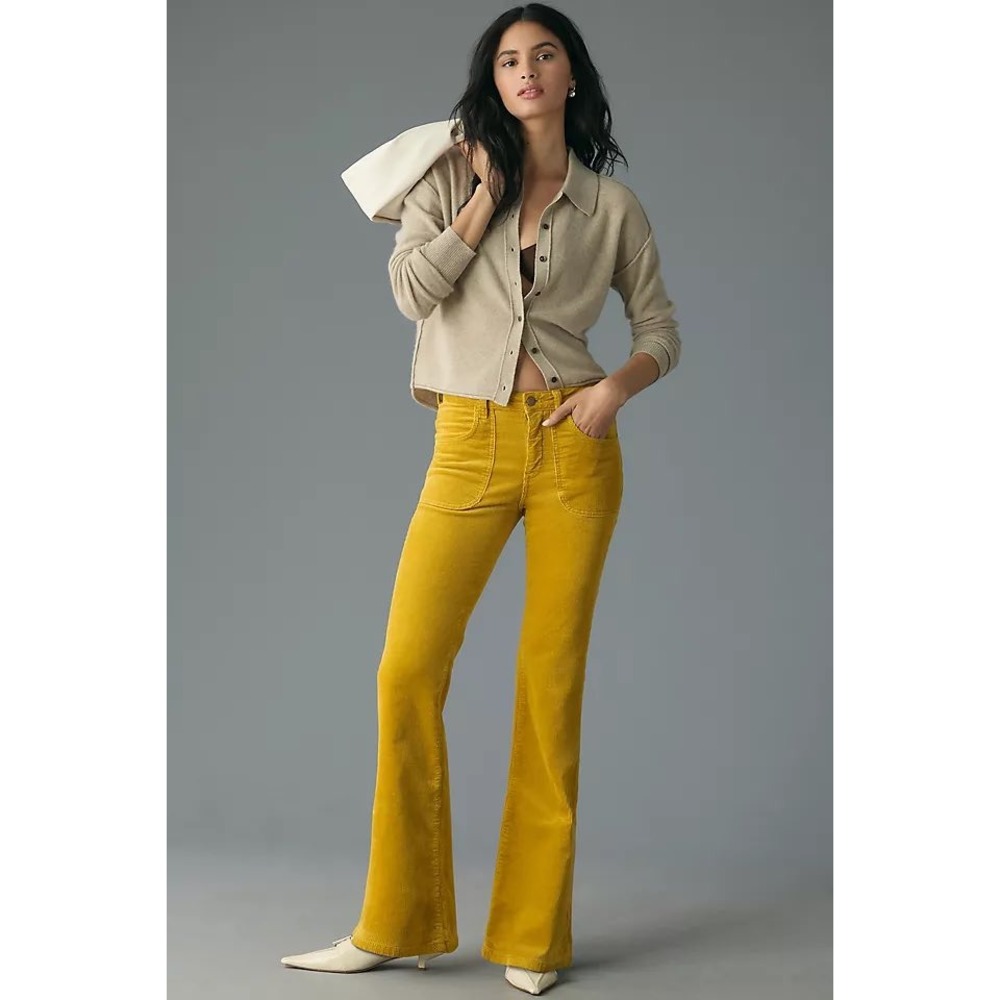 Pilcro Anthropologie Mustard Yellow Corduroy Flare Pants Patch Pocket 27